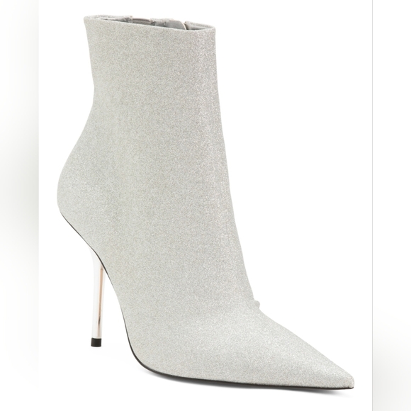 🔹️GOOD AMERICAN🔹️ Silver Made In Brazil Emma Denim High Glitter Booties - Picture 1 of 3